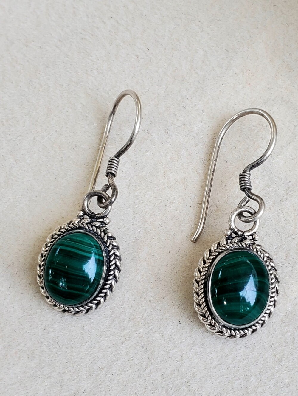 Sterling Silver Malachite Cabochon Drop Earrings 925 Vintage Rope Border